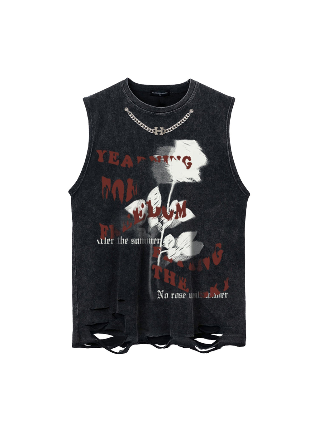 DISTRESSED BLACK GRAPHIC TANK TOP WITH CARTOON PRINT SLEEVELESS DESIGN