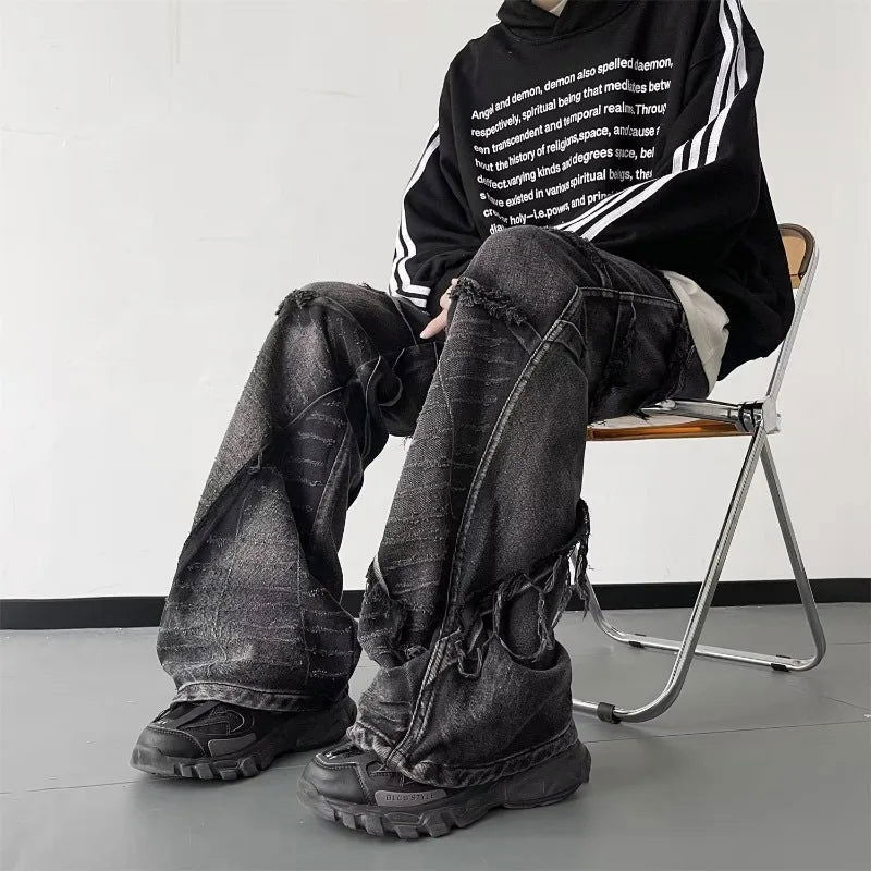 DISTRESSED BLACK PATCHWORK JEANS WITH PERFECT FIT FOR CAREFREE MOVEMENT