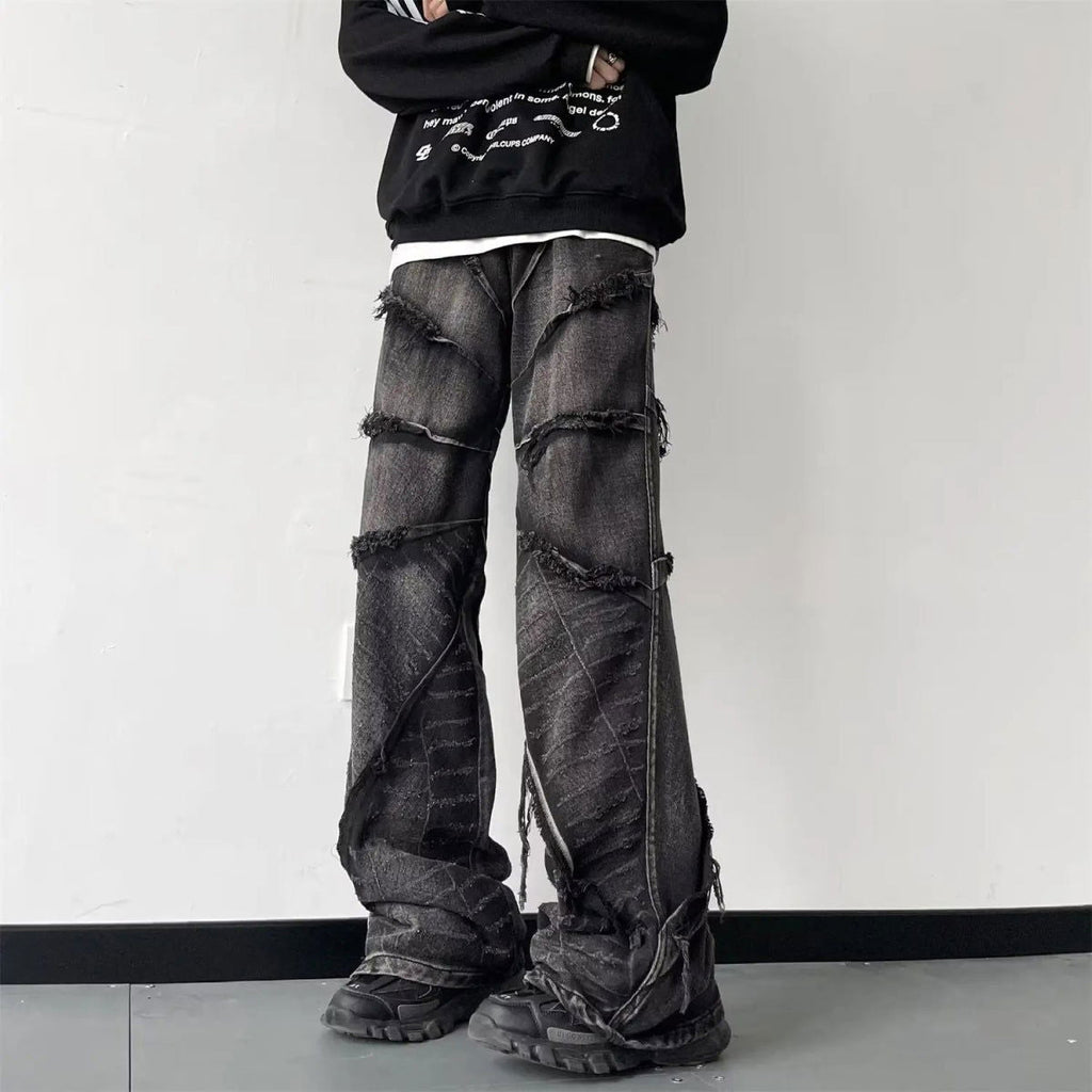 DISTRESSED BLACK PATCHWORK JEANS WITH PERFECT FIT FOR CAREFREE MOVEMENT
