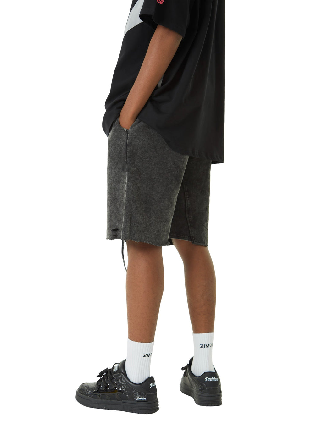 DISTRESSED BLACK SHORTS WITH GRAPHIC - TRENDY MID WAIST DESIGN