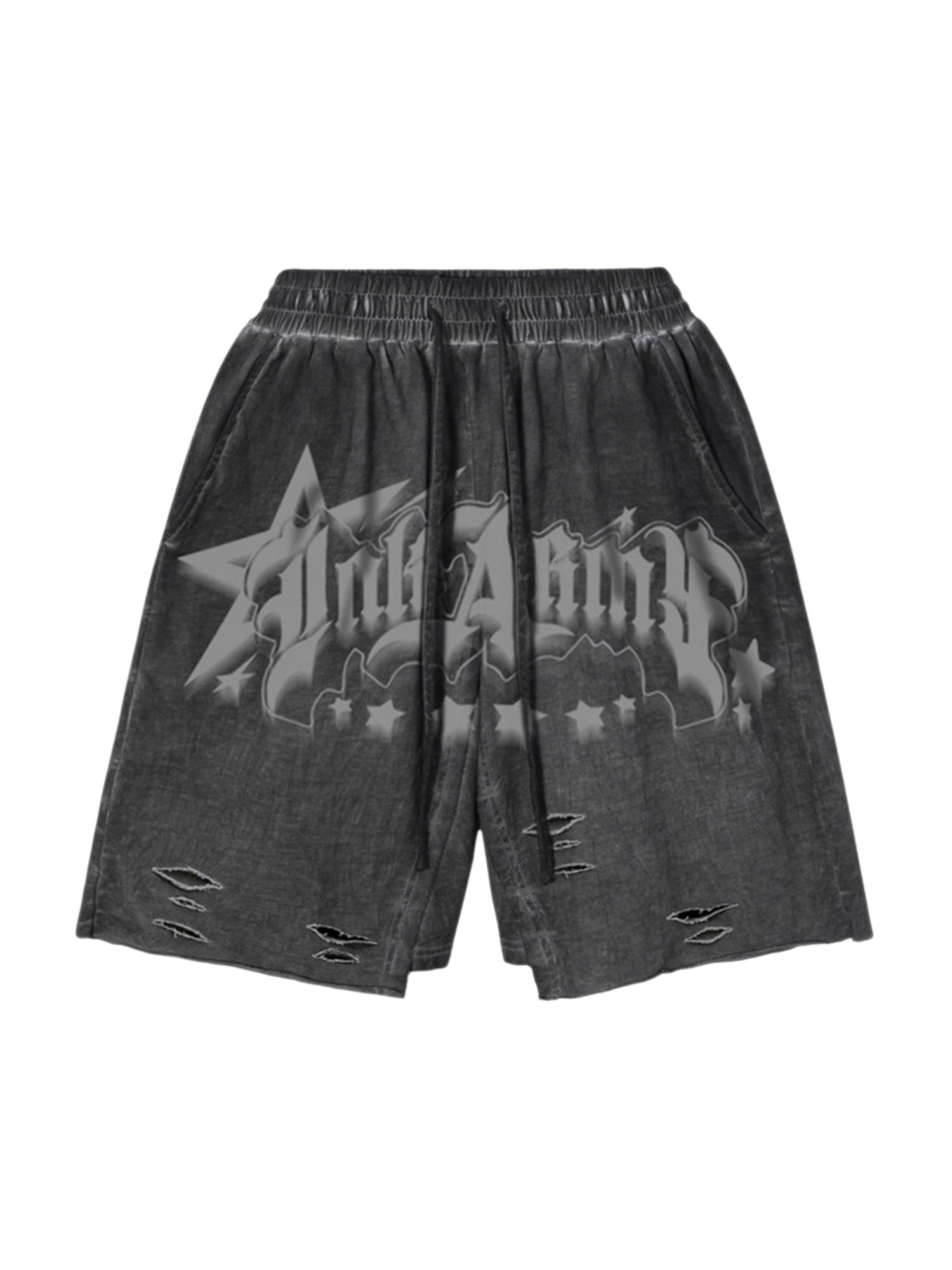 DISTRESSED BLACK SHORTS WITH GRAPHIC - TRENDY MID WAIST DESIGN
