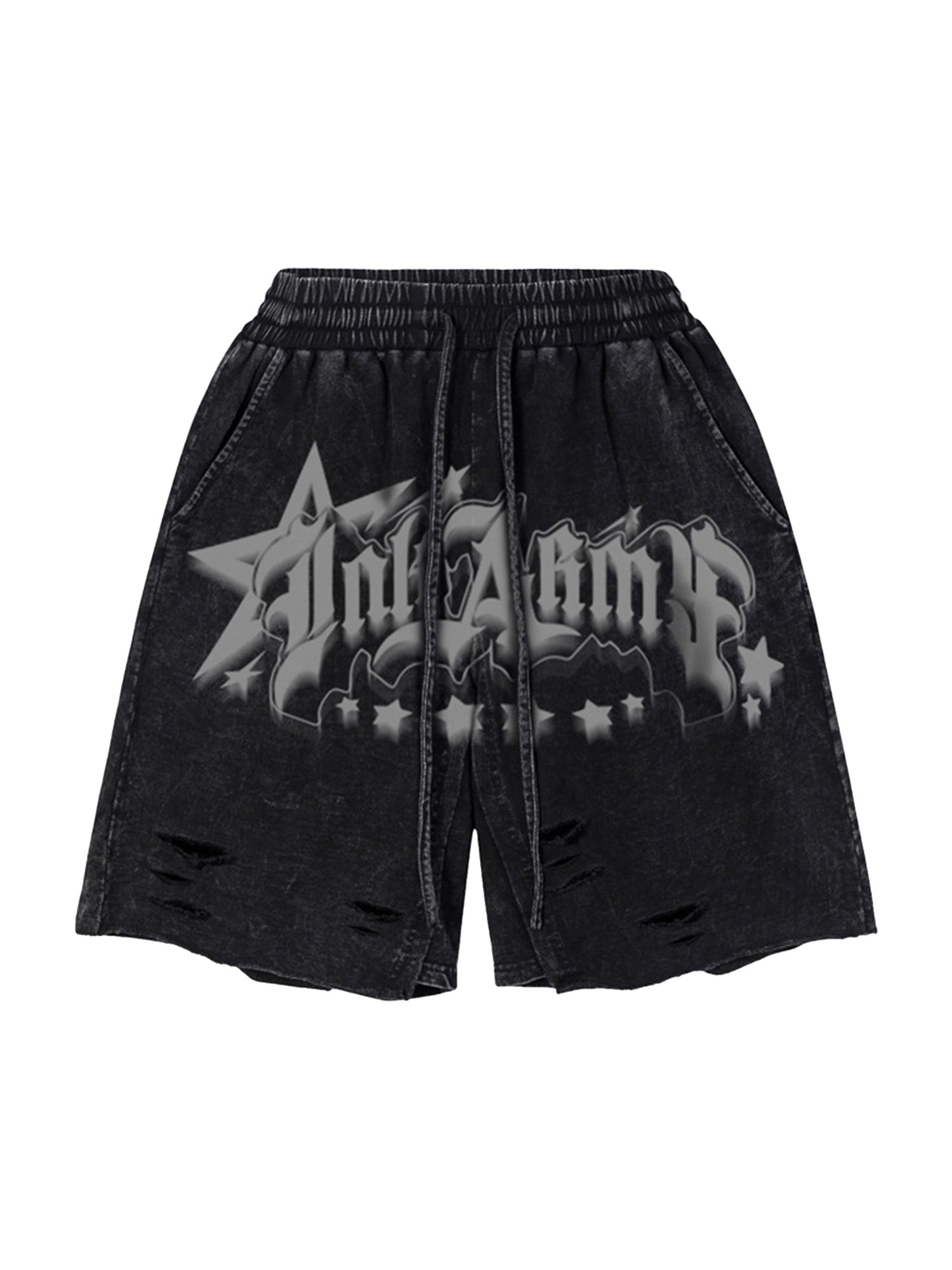 DISTRESSED BLACK SHORTS WITH GRAPHIC - TRENDY MID WAIST DESIGN