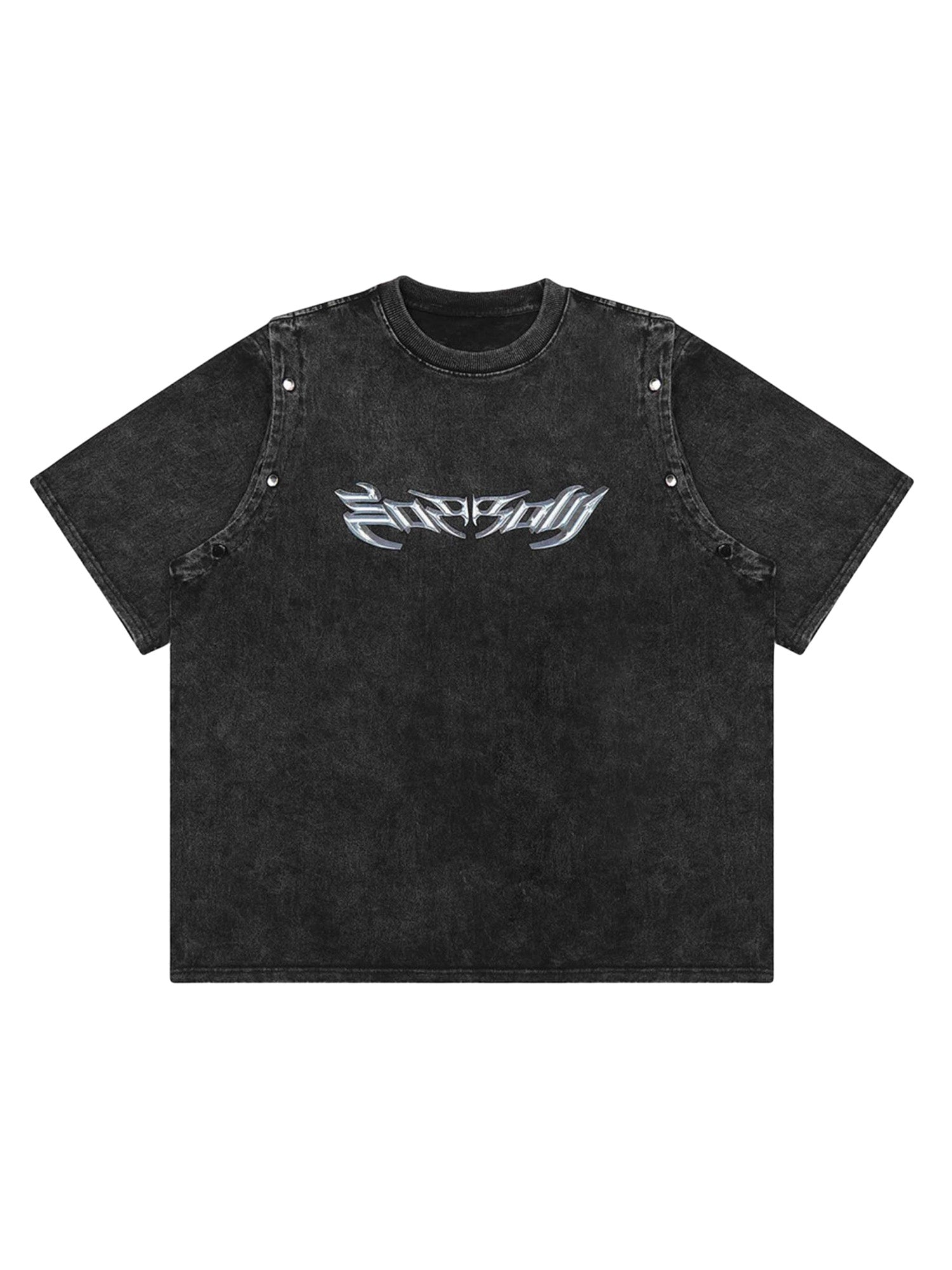 DISTRESSED BLACK T-SHIRT WITH METALLIC GRAPHIC - PUNK PERSONALITY DESIGN