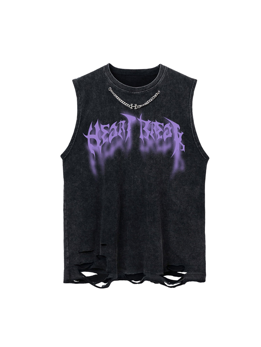 DISTRESSED BLACK TANK TOP WITH PURPLE GRAPHIC AND CHAIN - CARTOON PRINT SLEEVELESS