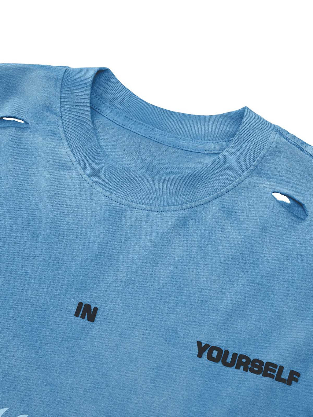 DISTRESSED BLUE T-SHIRT WITH LOOSE FIT SHORT SLEEVE AND ROUND COLLAR