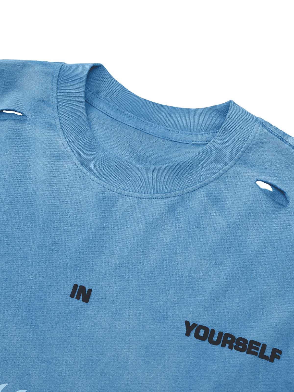 DISTRESSED BLUE T-SHIRT WITH LOOSE FIT SHORT SLEEVE AND ROUND COLLAR