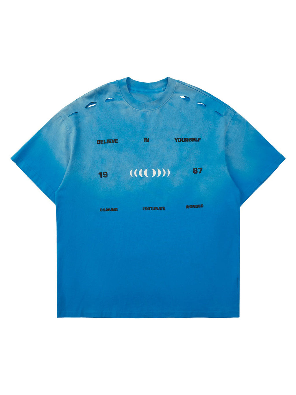 DISTRESSED BLUE T-SHIRT WITH LOOSE FIT SHORT SLEEVE AND ROUND COLLAR