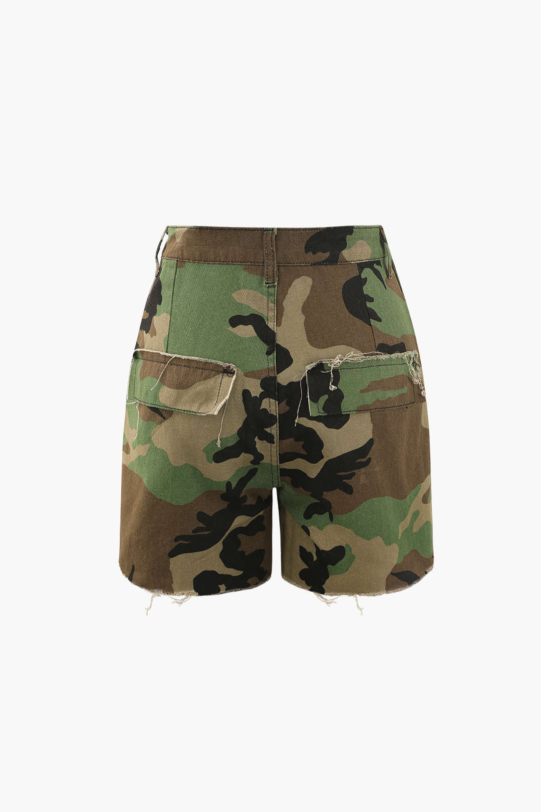 DISTRESSED CAMOUFLAGE SHORTS WITH TIE WAIST RETRO CAMO DESTROYED