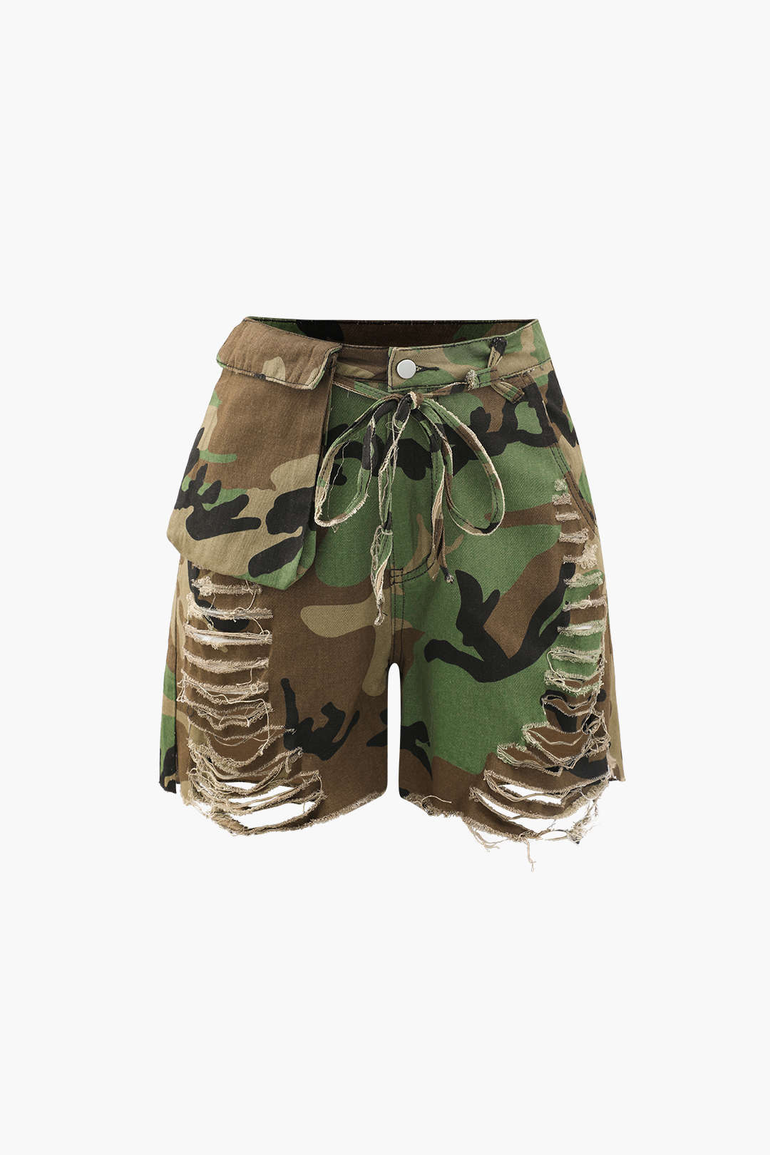 DISTRESSED CAMOUFLAGE SHORTS WITH TIE WAIST RETRO CAMO DESTROYED
