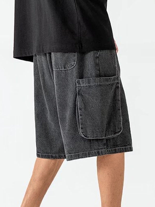 DISTRESSED DENIM CARGO SHORTS WITH ASYMMETRIC HOLE DESIGN