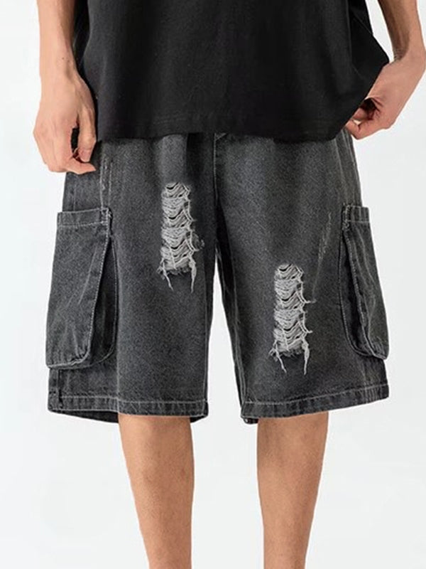 DISTRESSED DENIM CARGO SHORTS WITH ASYMMETRIC HOLE DESIGN
