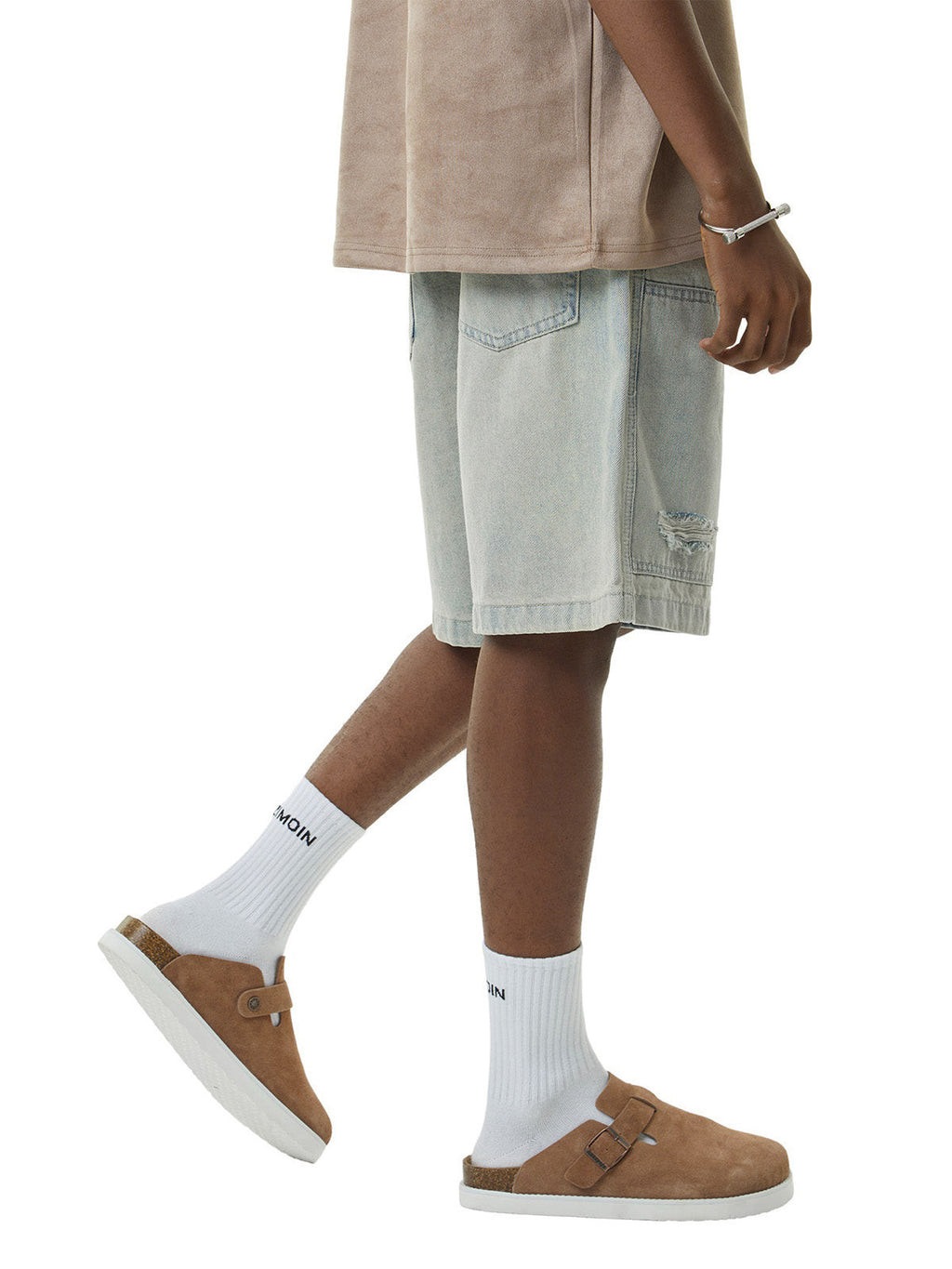 DISTRESSED DENIM CARPENTER SHORTS MID WAIST DENIM STYLE