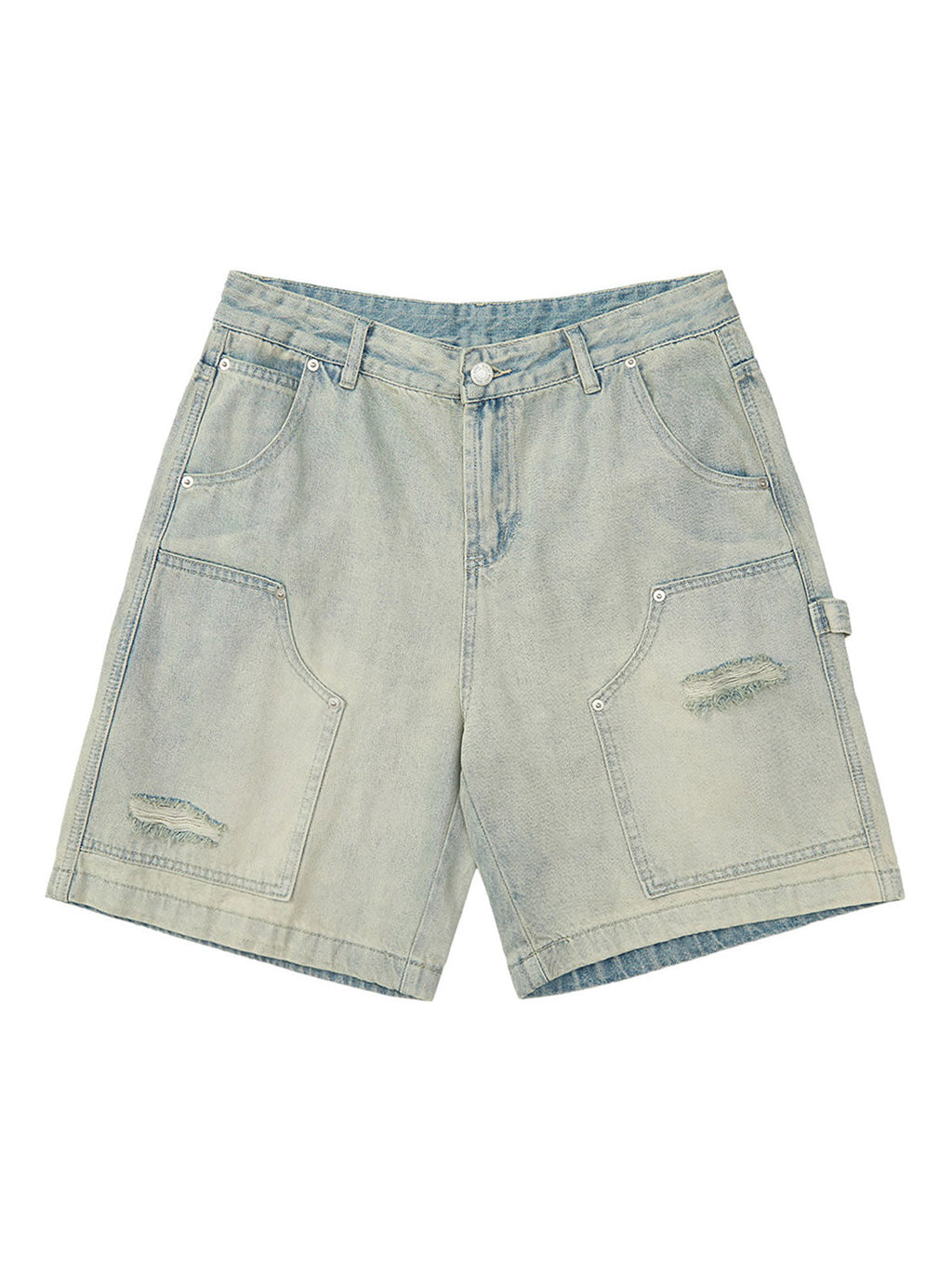 DISTRESSED DENIM CARPENTER SHORTS MID WAIST DENIM STYLE