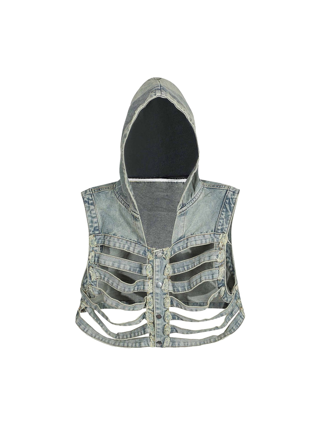 DISTRESSED DENIM HOODED VEST WITH TRENDY HOODED COTTON DESIGN