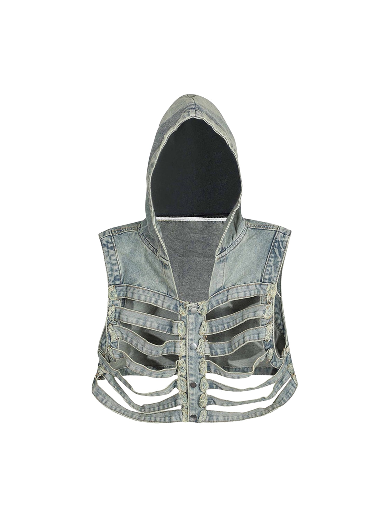 DISTRESSED DENIM HOODED VEST WITH TRENDY HOODED COTTON DESIGN