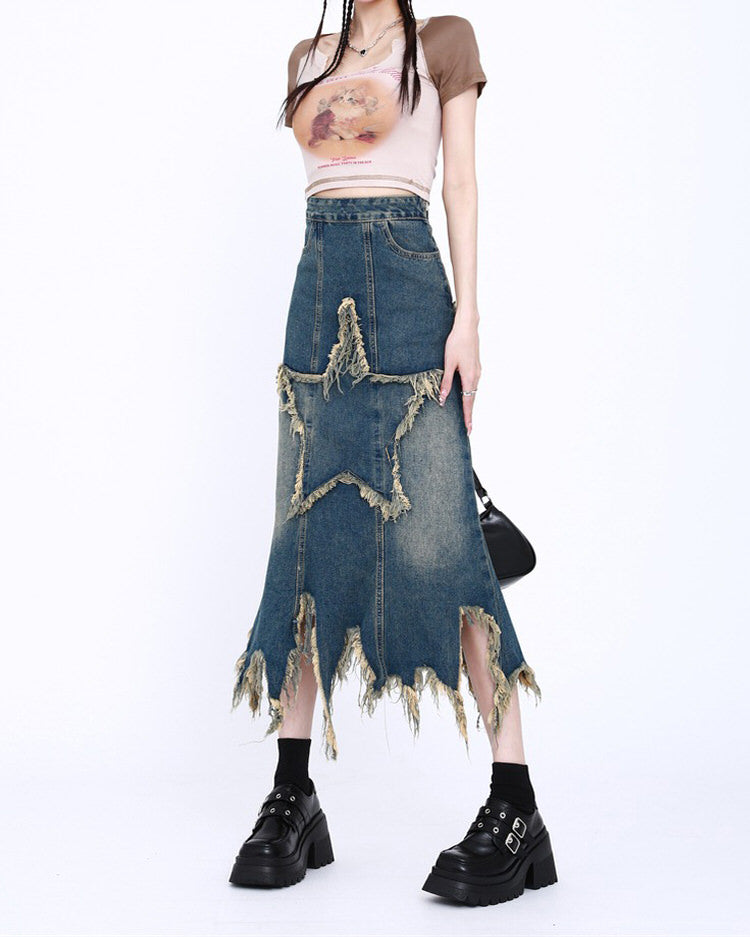 DISTRESSED DENIM MAXI SKIRT WITH STAR CUTOUT FOR LONG DENIM STYLES