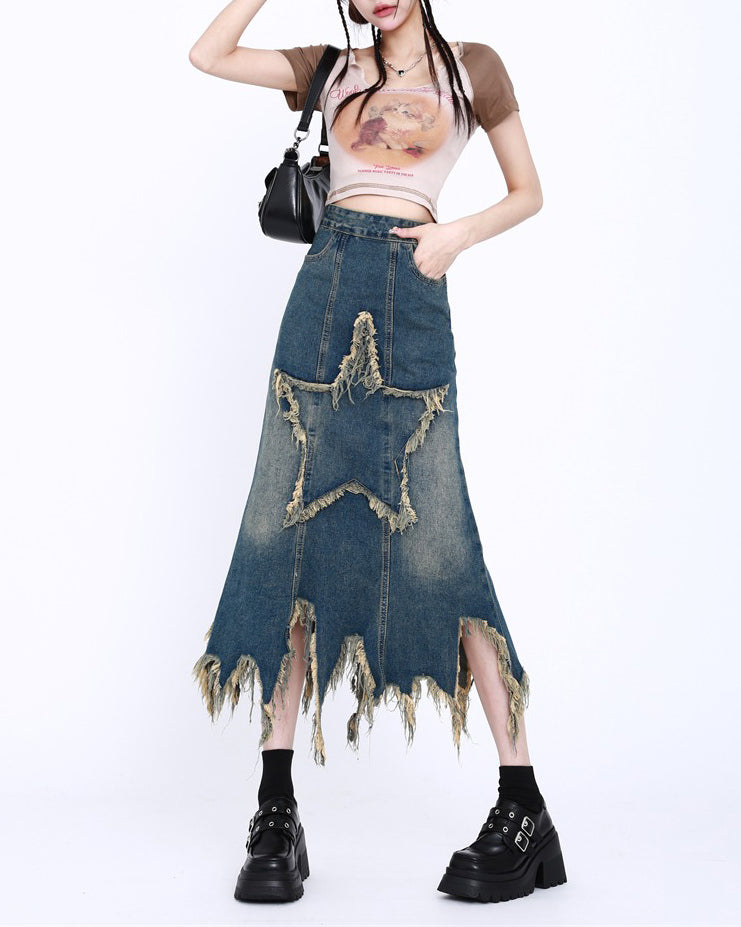 DISTRESSED DENIM MAXI SKIRT WITH STAR CUTOUT FOR LONG DENIM STYLES