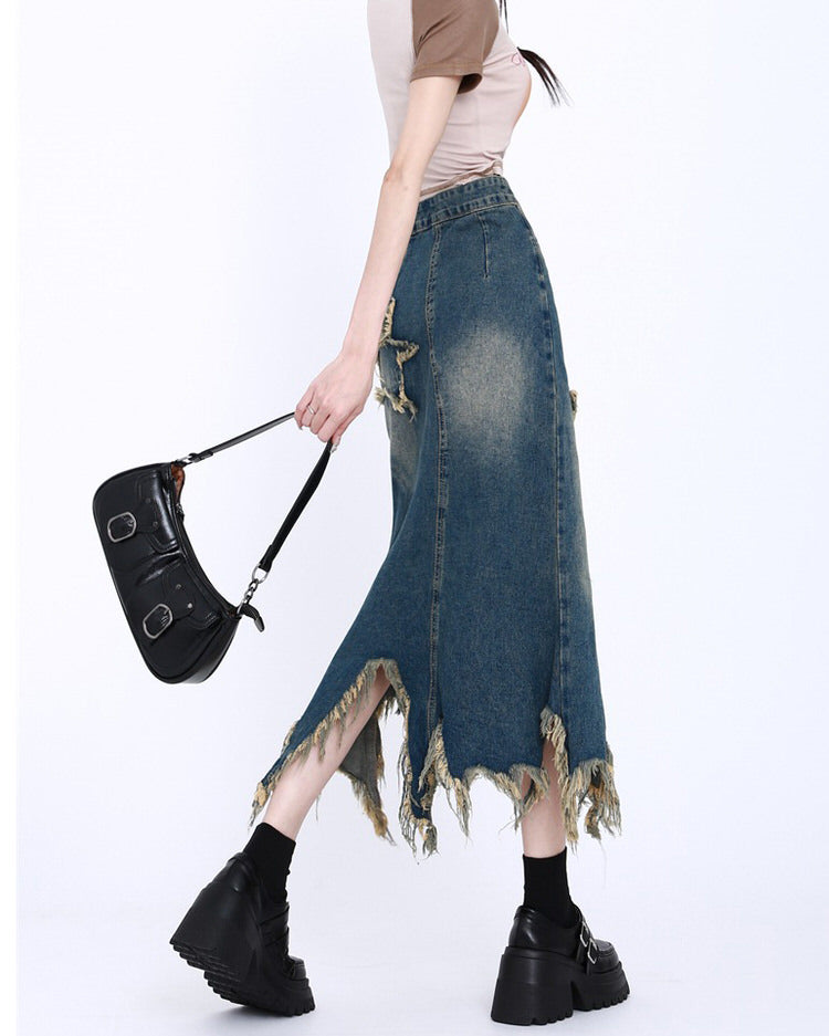 DISTRESSED DENIM MAXI SKIRT WITH STAR CUTOUT FOR LONG DENIM STYLES