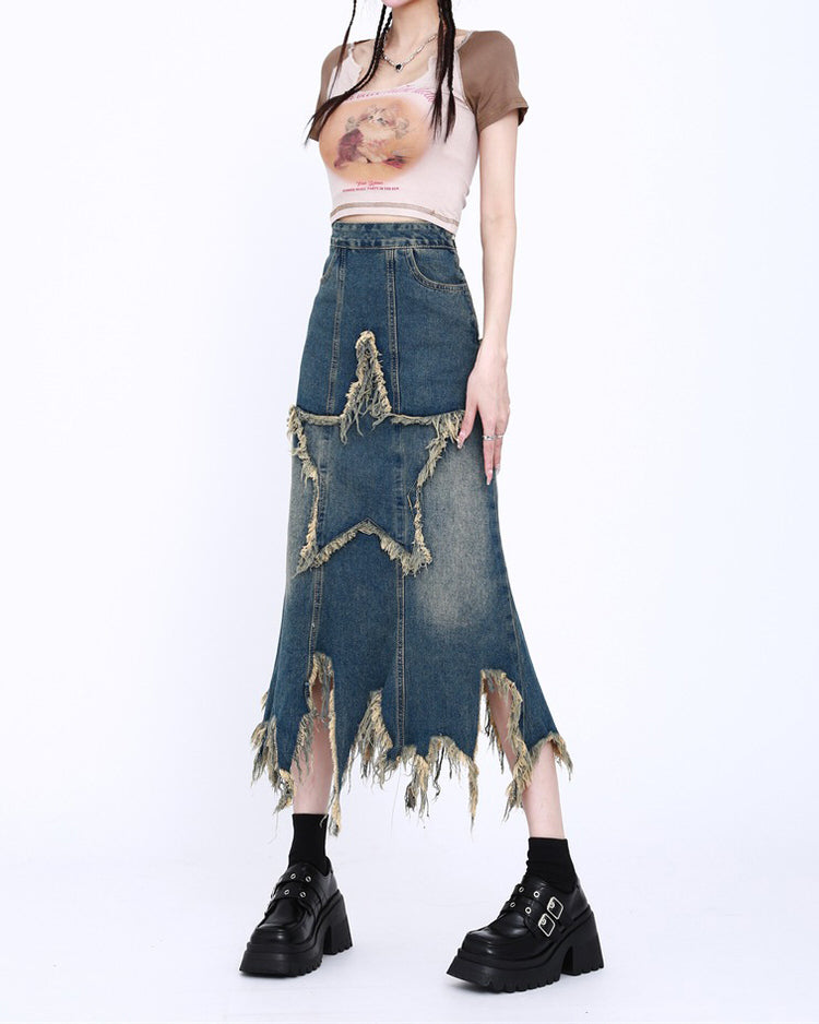DISTRESSED DENIM MAXI SKIRT WITH STAR CUTOUT FOR LONG DENIM STYLES