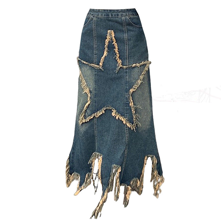 DISTRESSED DENIM MAXI SKIRT WITH STAR CUTOUT FOR LONG DENIM STYLES