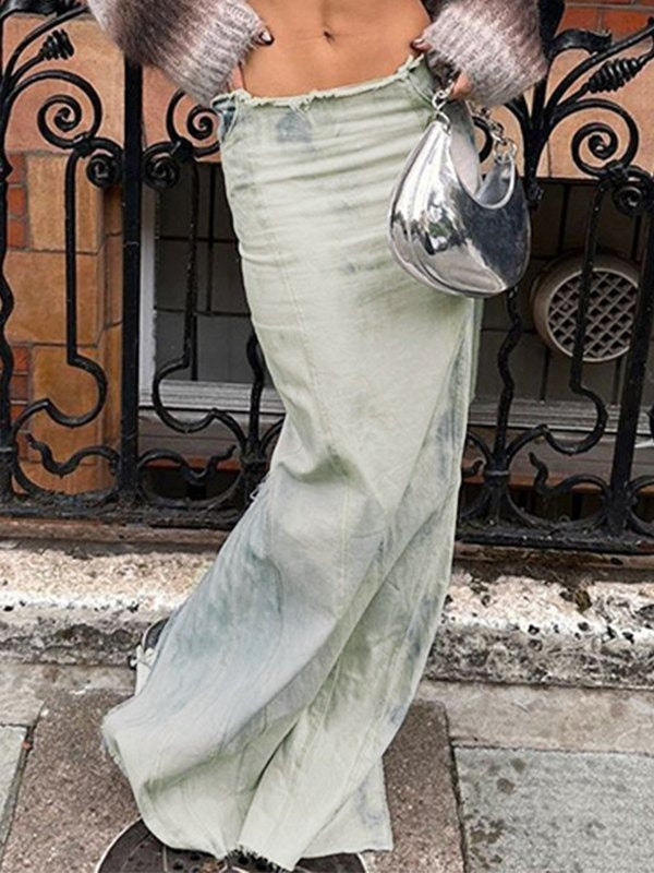 DISTRESSED DENIM MAXI SKIRT Y2K STYLE DENIM MERMAID MAXI