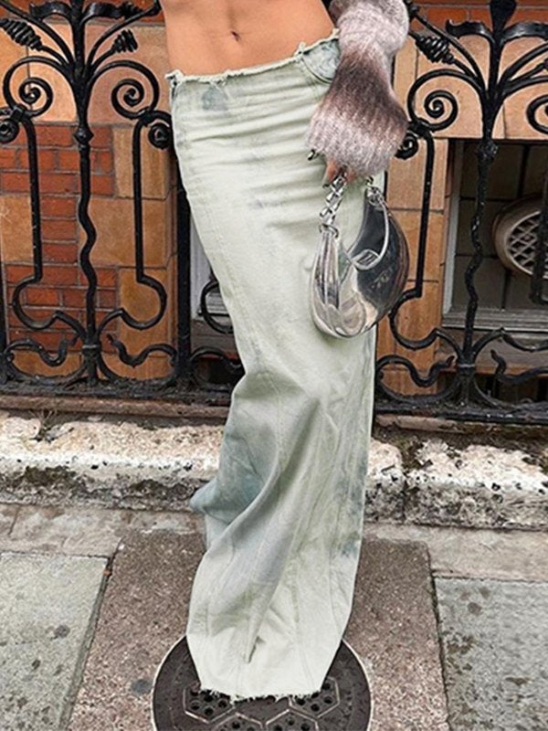 DISTRESSED DENIM MAXI SKIRT Y2K STYLE DENIM MERMAID MAXI