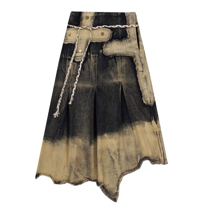 DISTRESSED DENIM MIDI SKIRT WITH ROPE BELT IN WASHED LONG GRUNGE STYLE