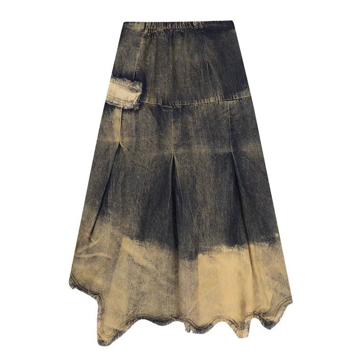 DISTRESSED DENIM MIDI SKIRT WITH ROPE BELT IN WASHED LONG GRUNGE STYLE