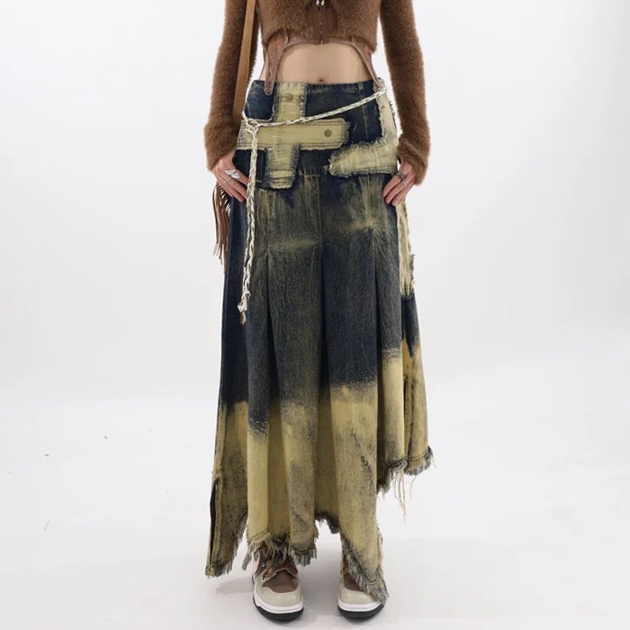 DISTRESSED DENIM MIDI SKIRT WITH ROPE BELT IN WASHED LONG GRUNGE STYLE