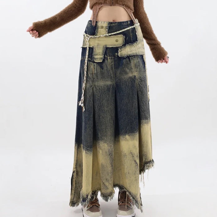DISTRESSED DENIM MIDI SKIRT WITH ROPE BELT IN WASHED LONG GRUNGE STYLE