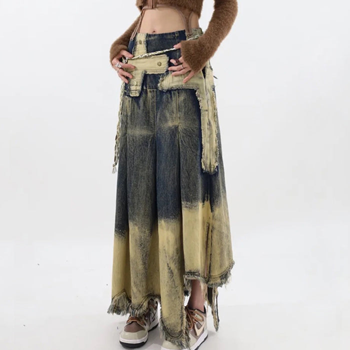 DISTRESSED DENIM MIDI SKIRT WITH ROPE BELT IN WASHED LONG GRUNGE STYLE