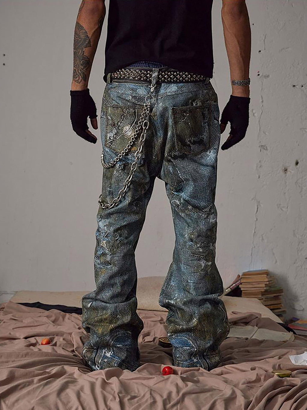 DISTRESSED DENIM PANTS BORO DESTRUCTION CHAIN JEANS