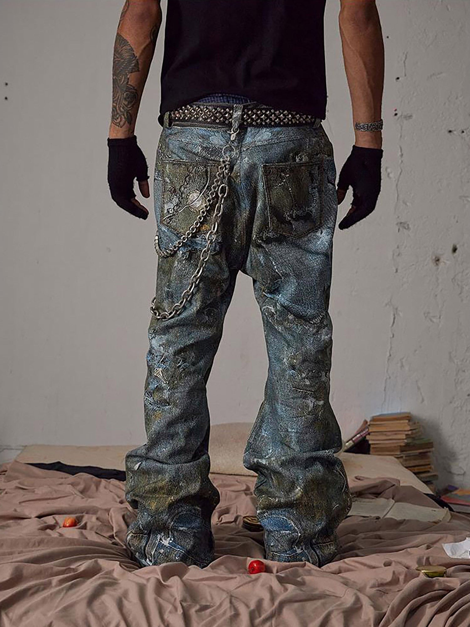 DISTRESSED DENIM PANTS BORO DESTRUCTION CHAIN JEANS