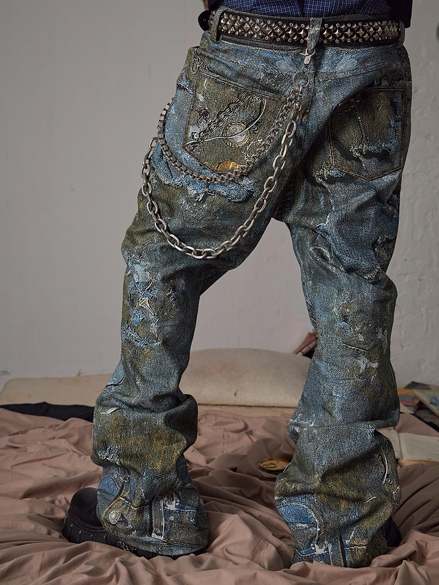 DISTRESSED DENIM PANTS BORO DESTRUCTION CHAIN JEANS