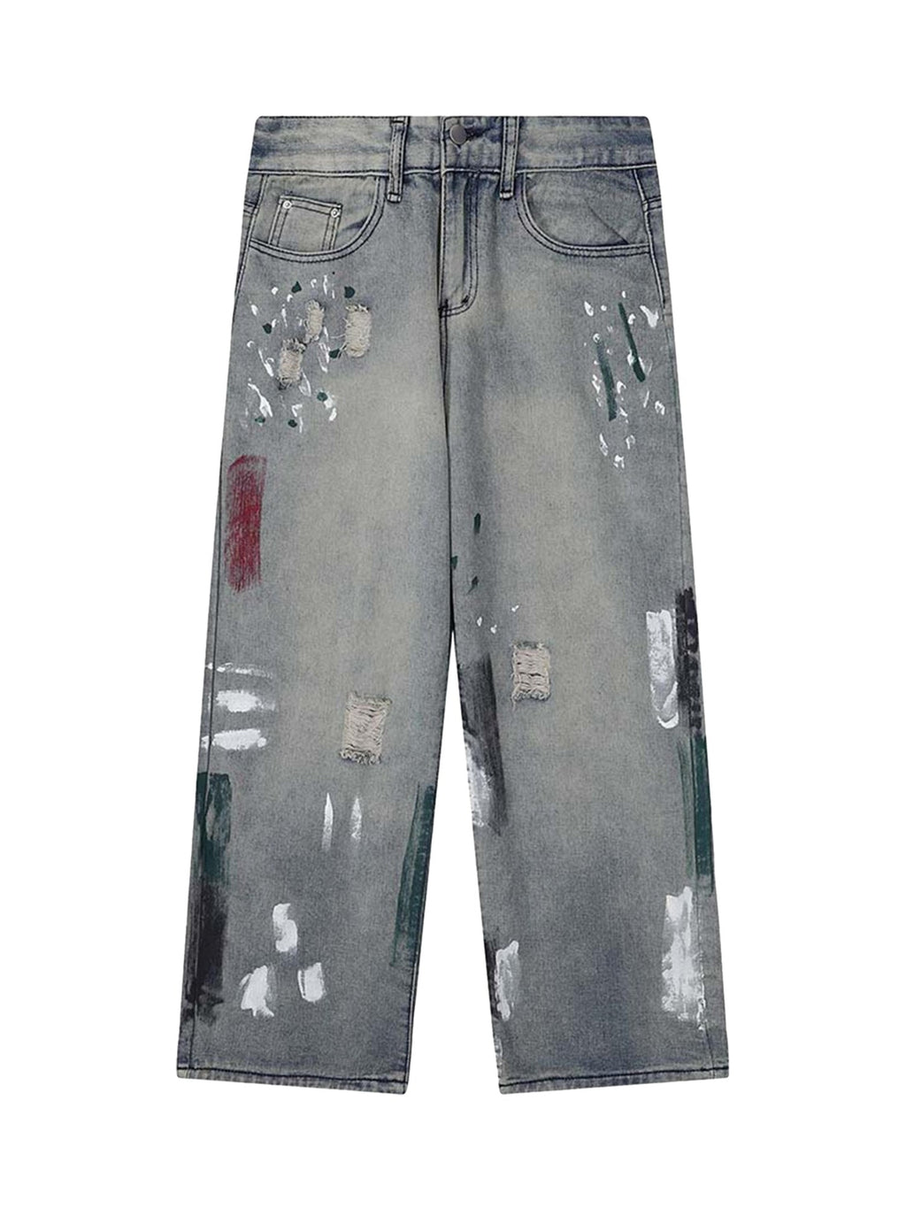 DISTRESSED DENIM PANTS WITH VINTAGE INK SPLASH DESIGN