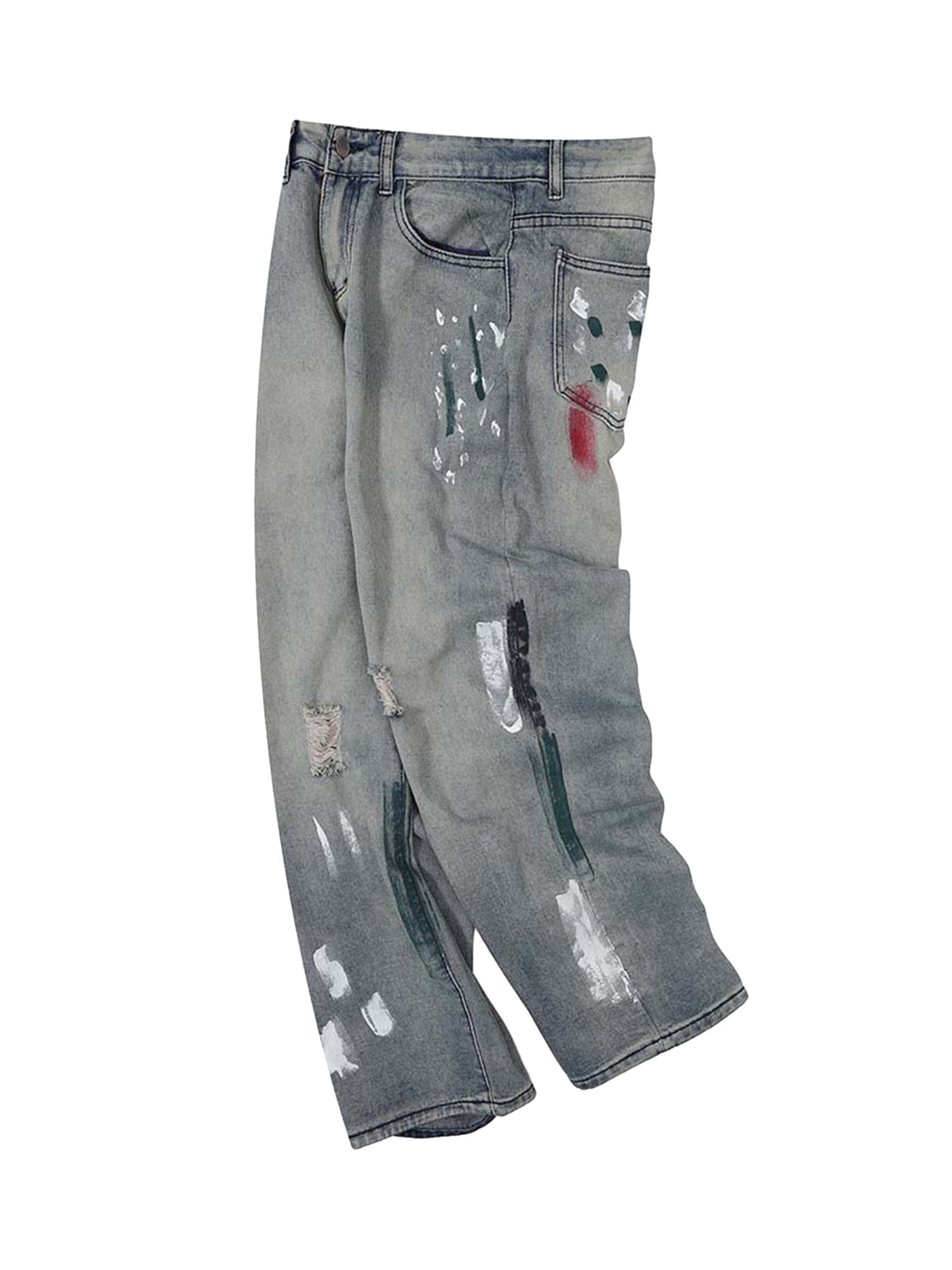 DISTRESSED DENIM PANTS WITH VINTAGE INK SPLASH DESIGN