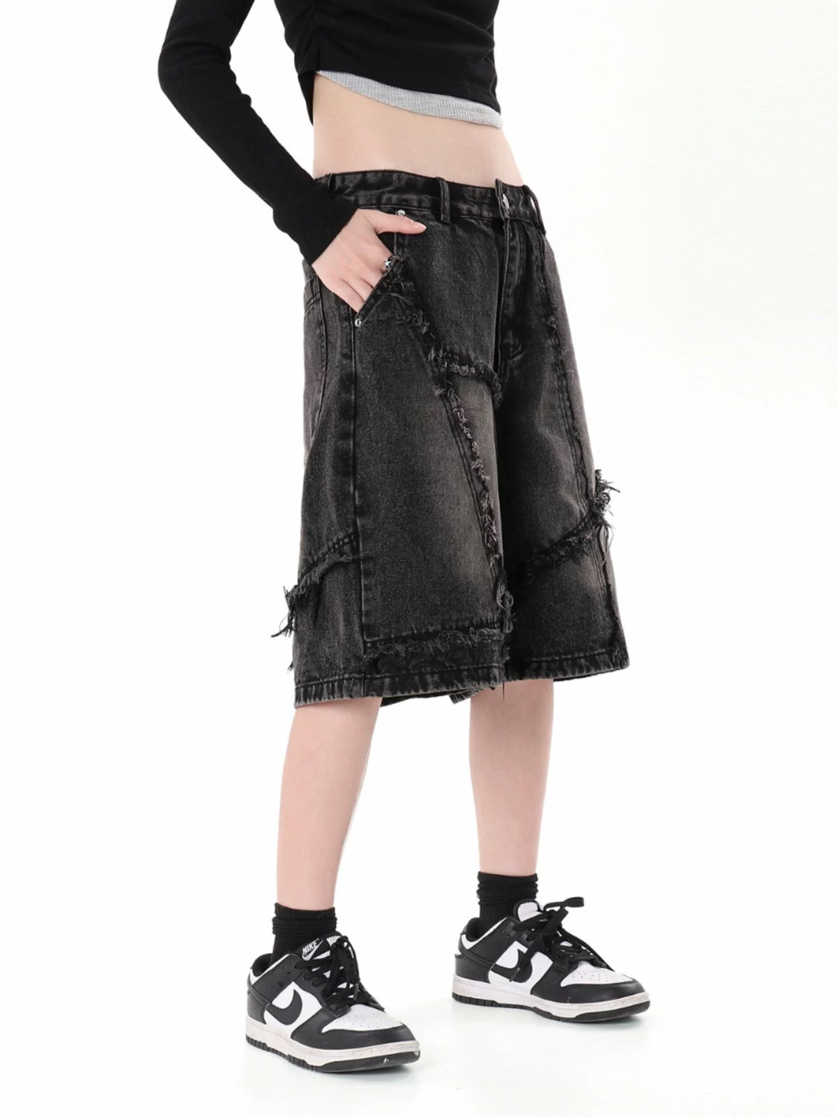 DISTRESSED DENIM PATCHWORK SHORTS - MID WAIST DENIM DESIGN