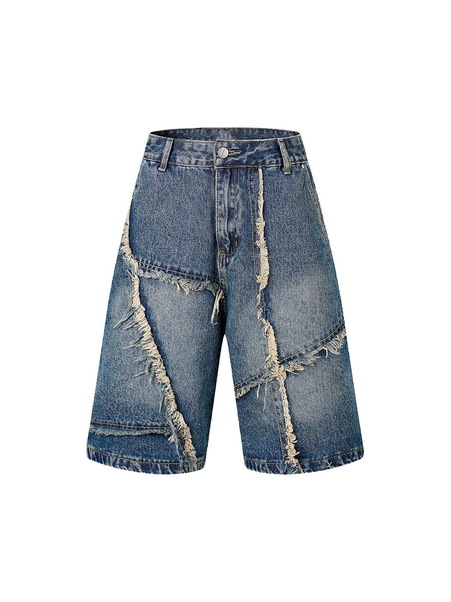 DISTRESSED DENIM PATCHWORK SHORTS - MID WAIST DENIM DESIGN