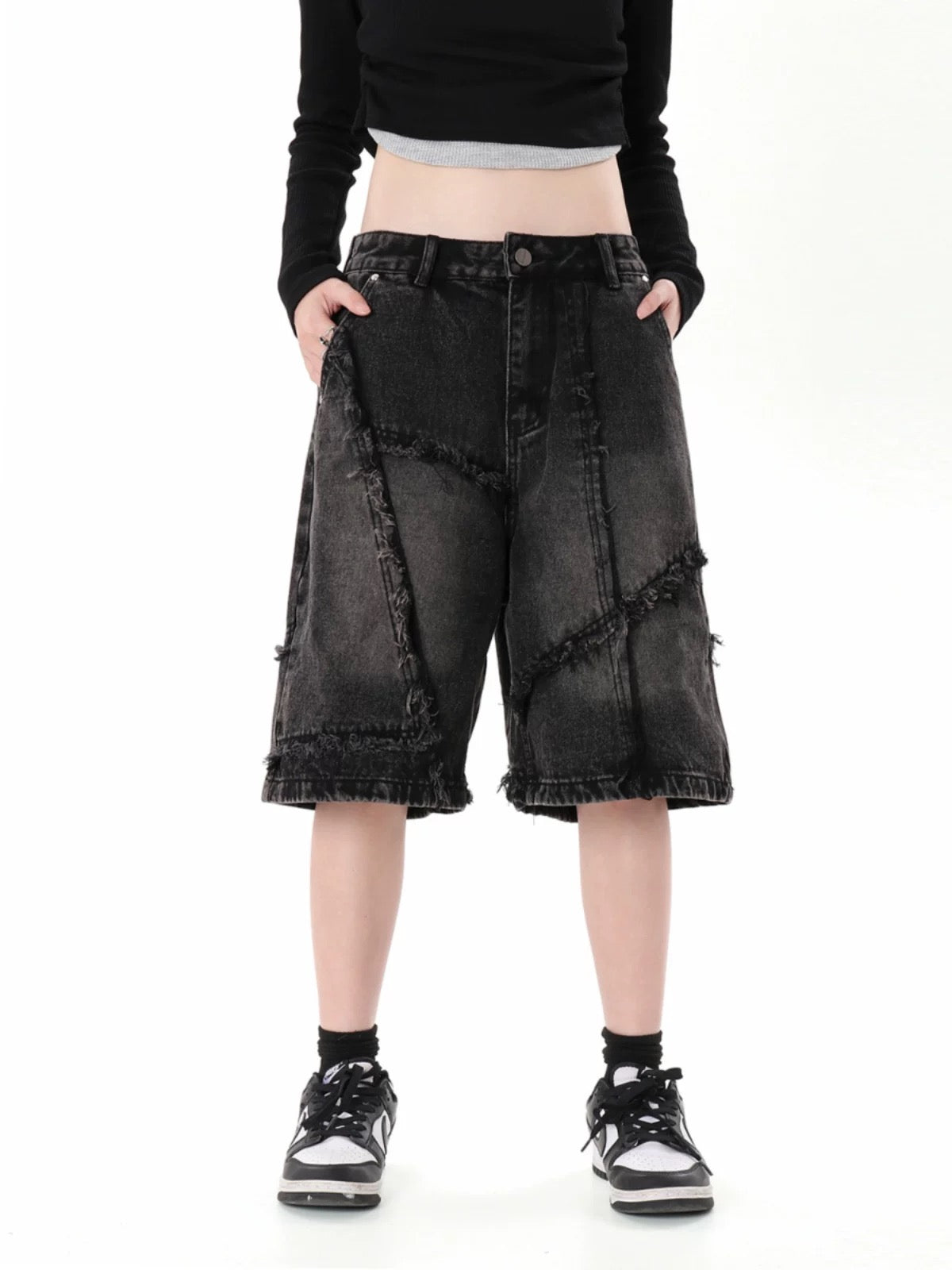 DISTRESSED DENIM PATCHWORK SHORTS - MID WAIST DENIM DESIGN