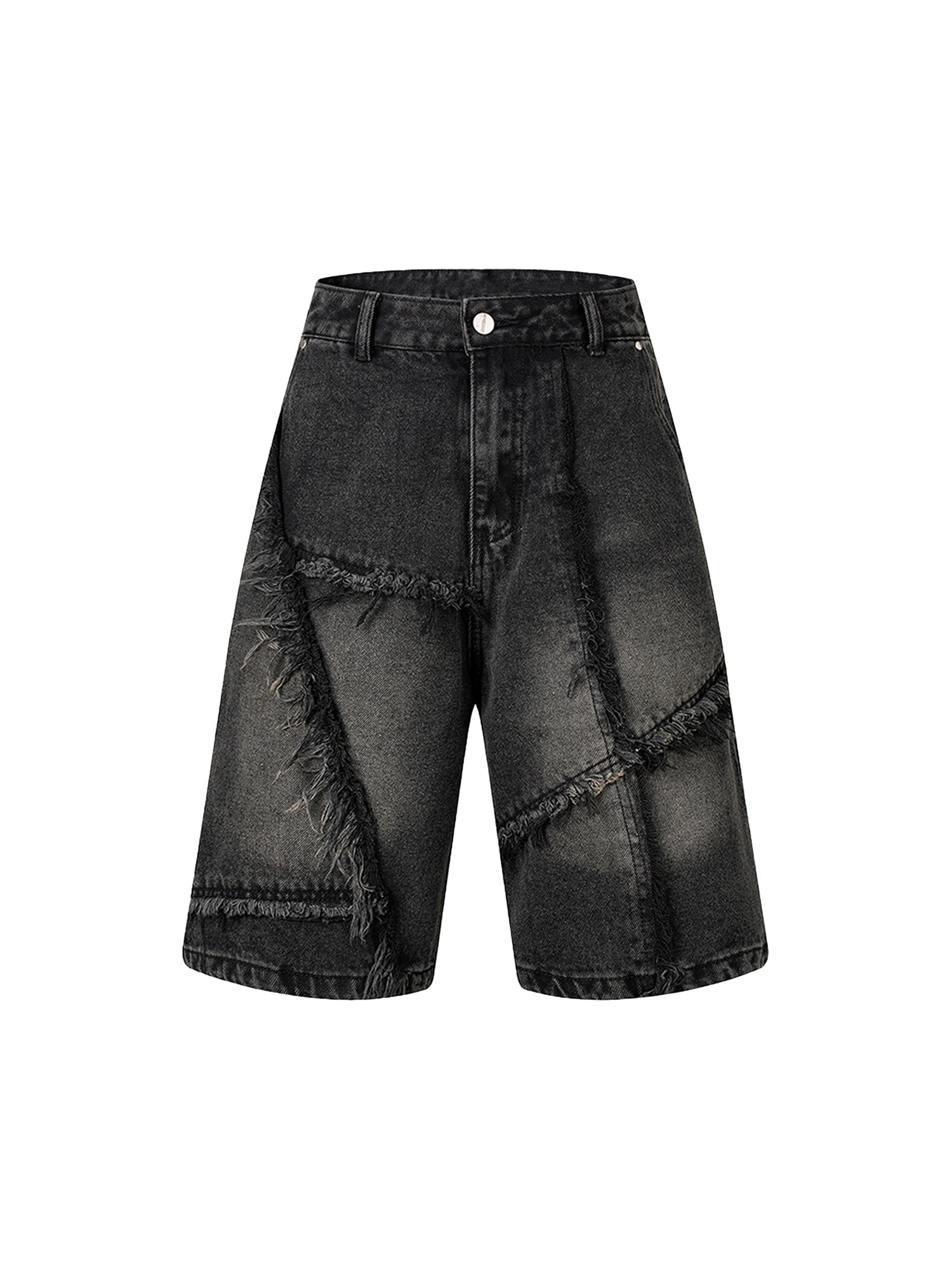 DISTRESSED DENIM PATCHWORK SHORTS - MID WAIST DENIM DESIGN