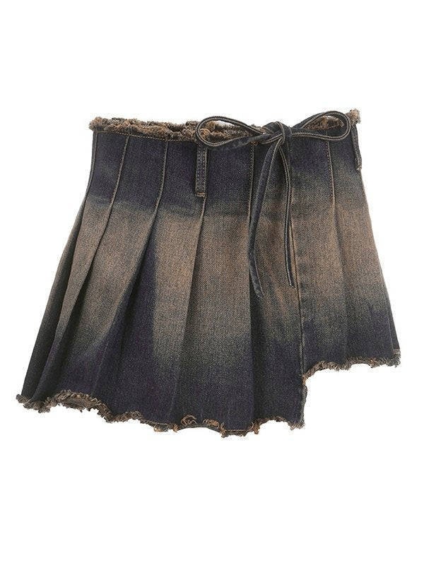 DISTRESSED DENIM PLEATED MINI SKIRT WITH BELT - MINI DENIM SKIRT