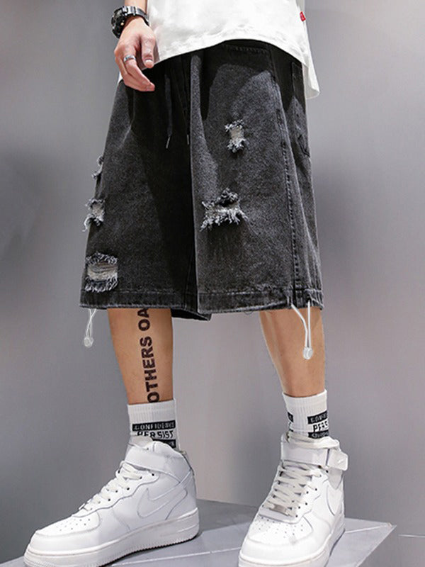 DISTRESSED DENIM SHORTS LOOSE FIT DENIM SHORTS