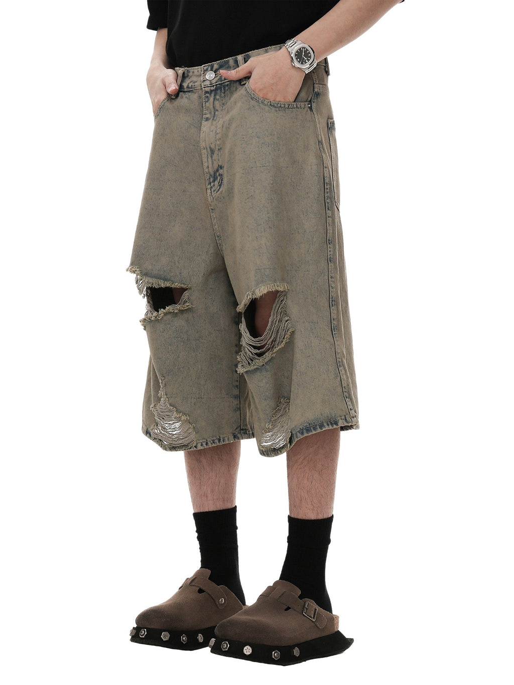 DISTRESSED DENIM SHORTS - MID WAIST RIPPED FASHION ESSENTIAL