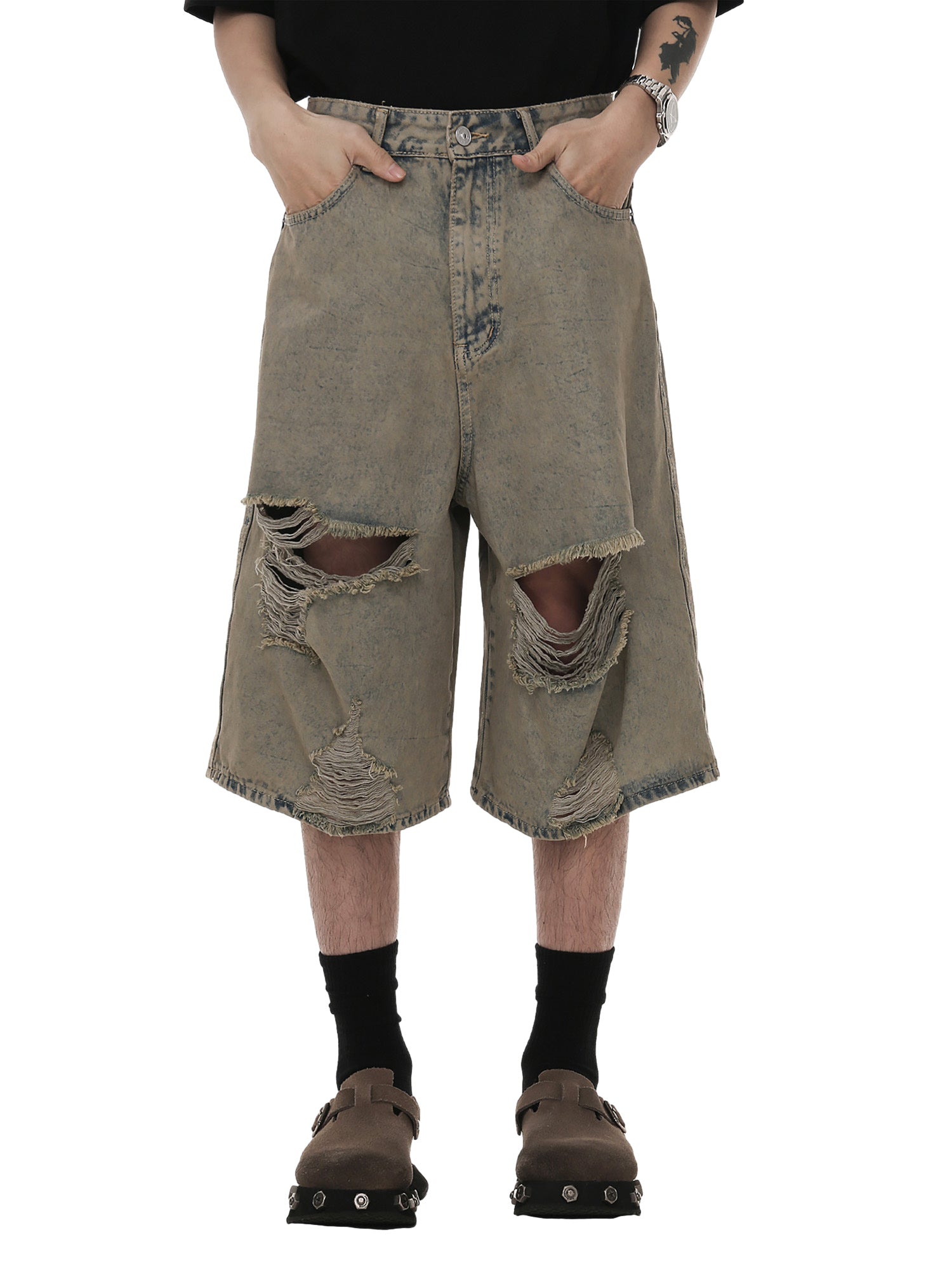 DISTRESSED DENIM SHORTS - MID WAIST RIPPED FASHION ESSENTIAL