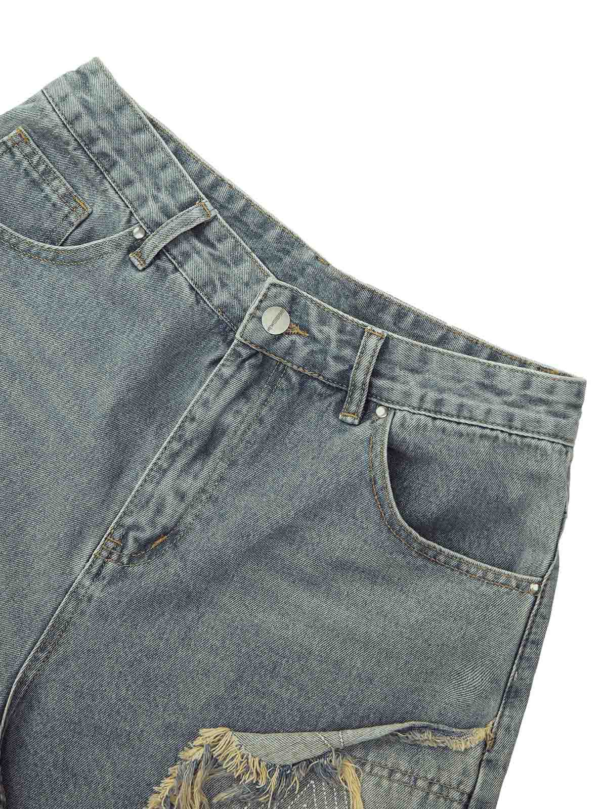 DISTRESSED DENIM SHORTS WITH EMBROIDERED DESIGN AND MID WAIST FIT