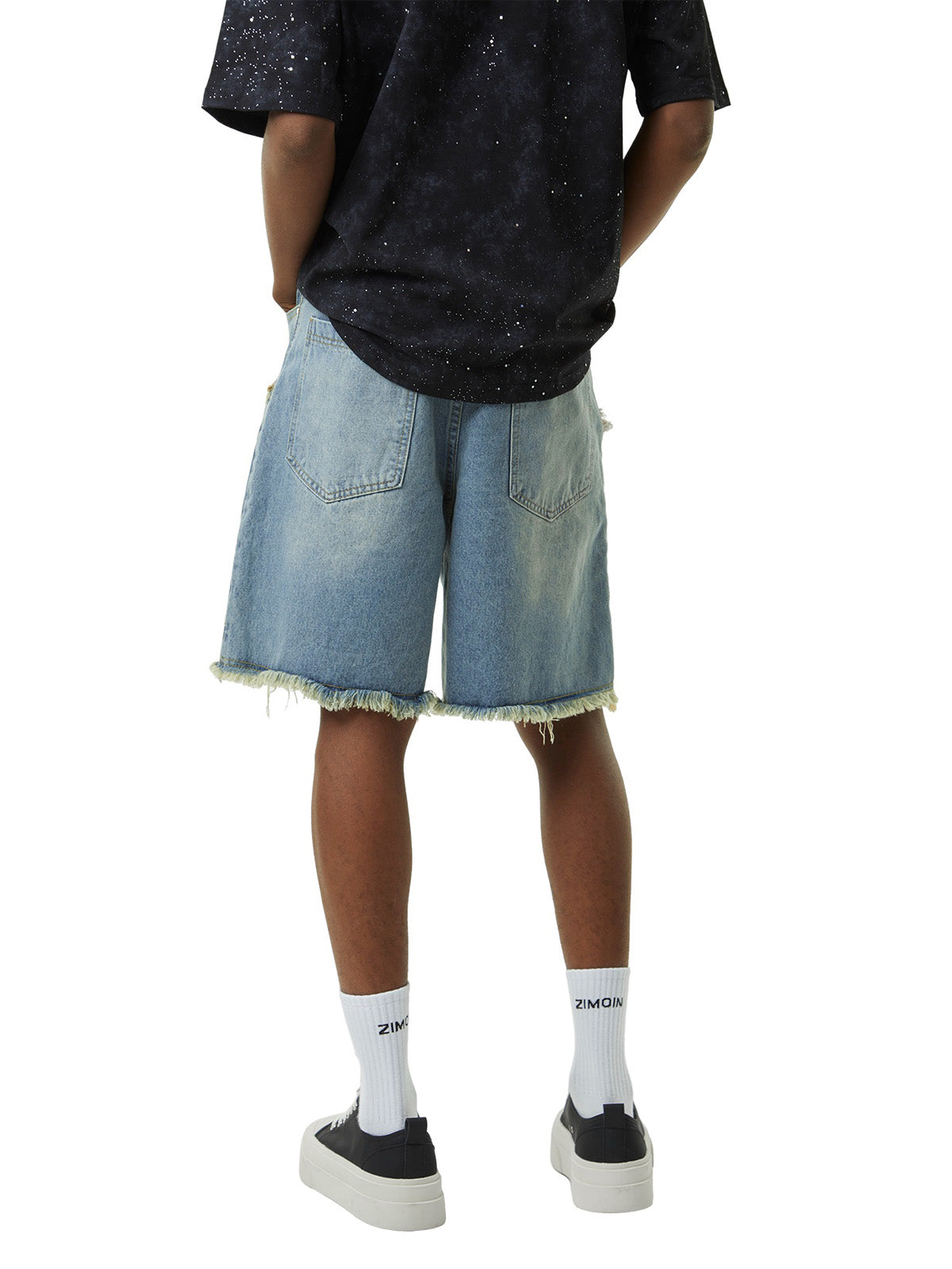 DISTRESSED DENIM SHORTS WITH EMBROIDERED DESIGN AND MID WAIST FIT