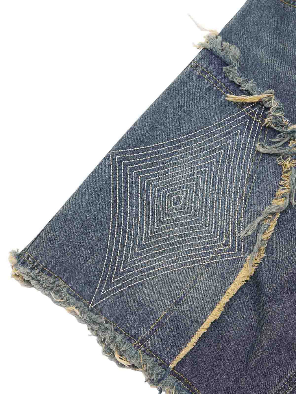 DISTRESSED DENIM SHORTS WITH EMBROIDERED DESIGN AND MID WAIST FIT