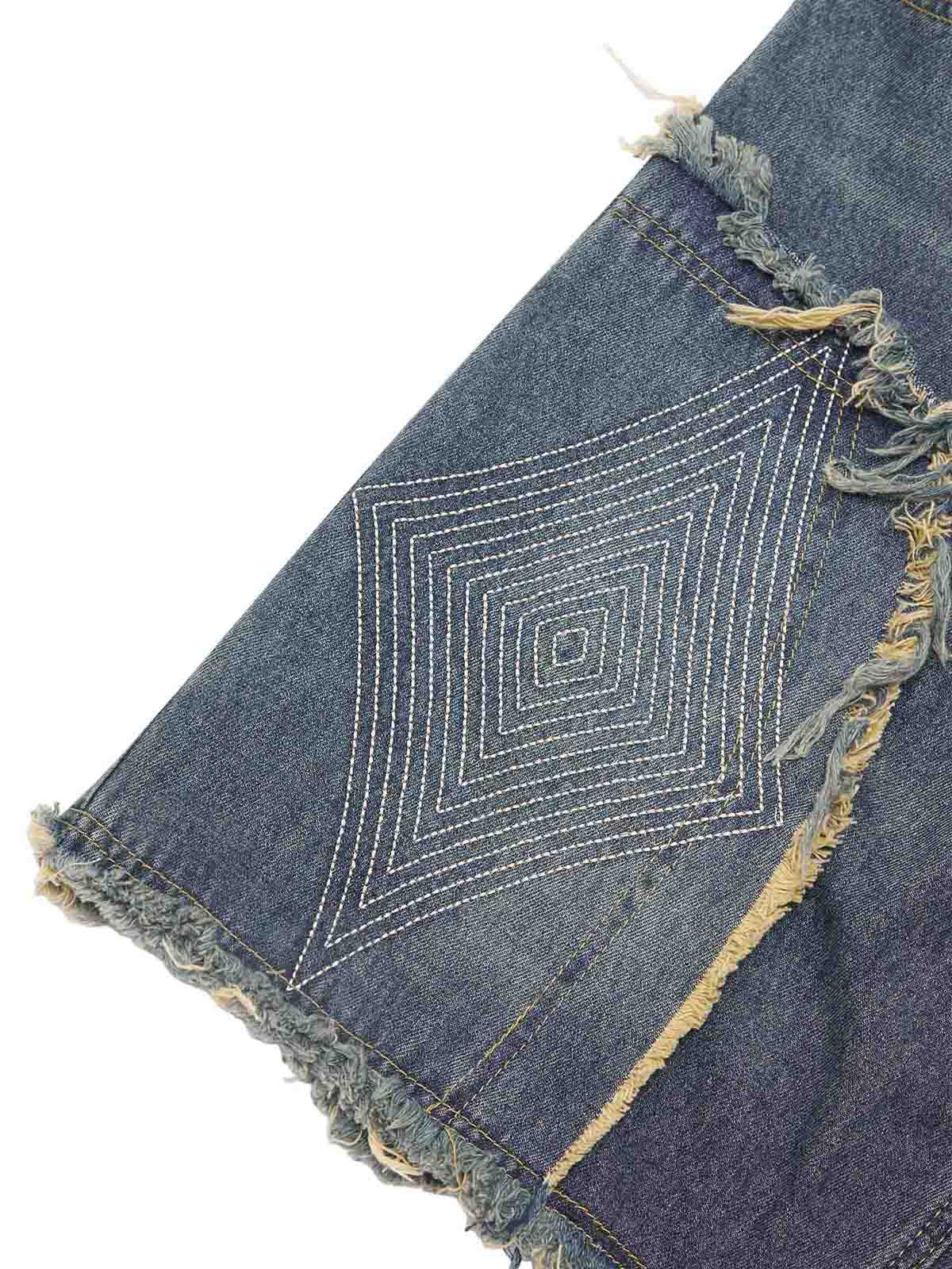 DISTRESSED DENIM SHORTS WITH EMBROIDERED DESIGN AND MID WAIST FIT