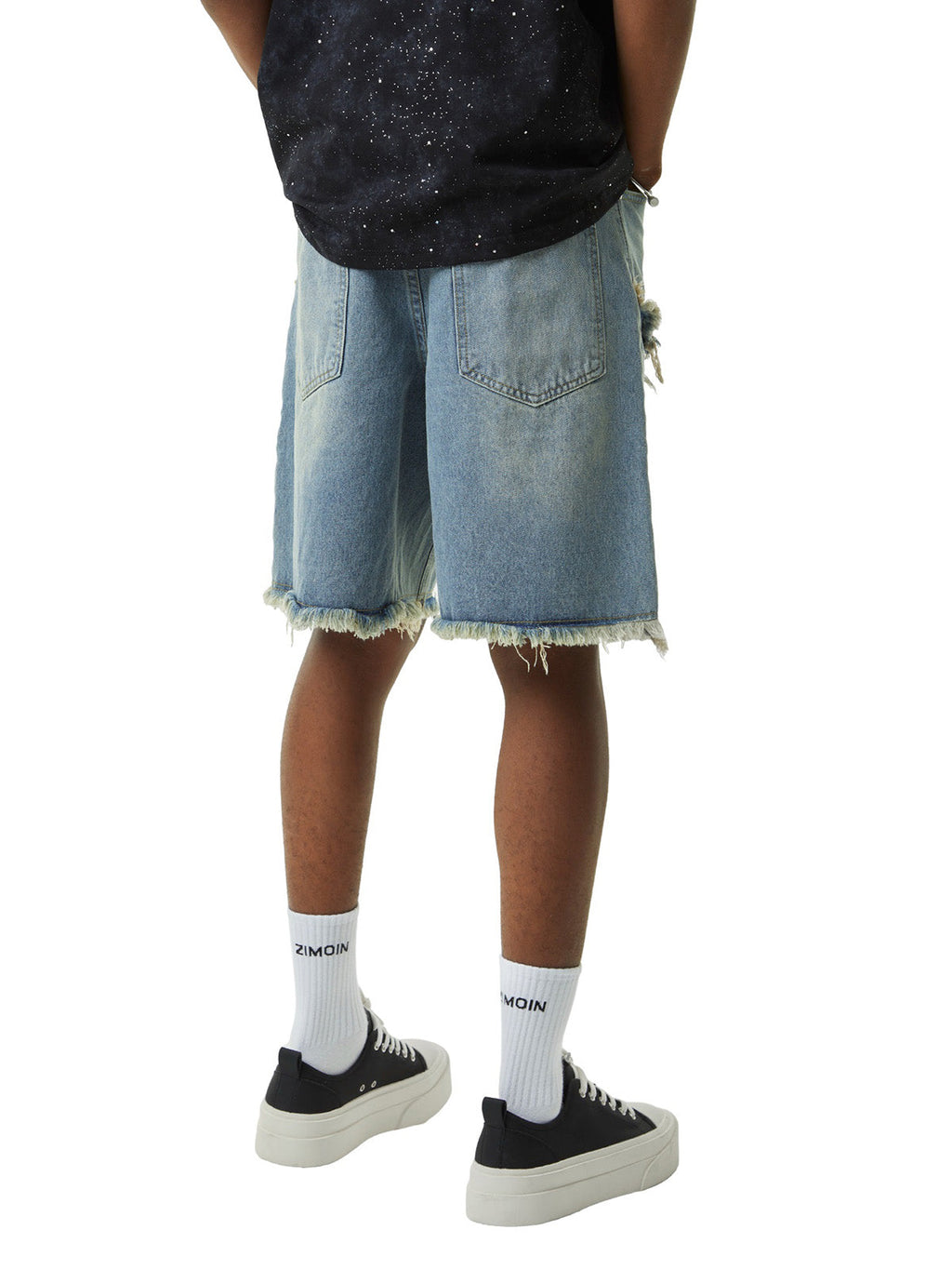 DISTRESSED DENIM SHORTS WITH EMBROIDERED DESIGN AND MID WAIST FIT