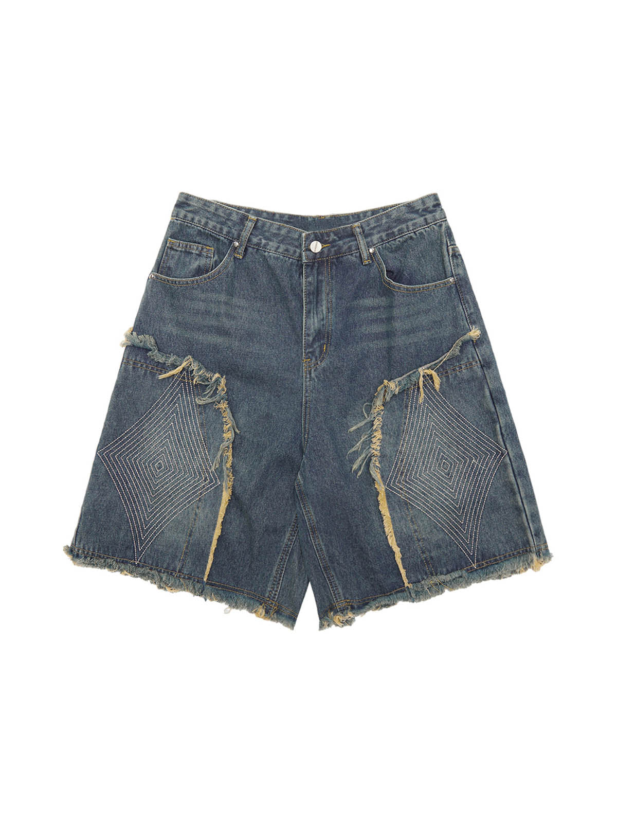 DISTRESSED DENIM SHORTS WITH EMBROIDERED DESIGN AND MID WAIST FIT